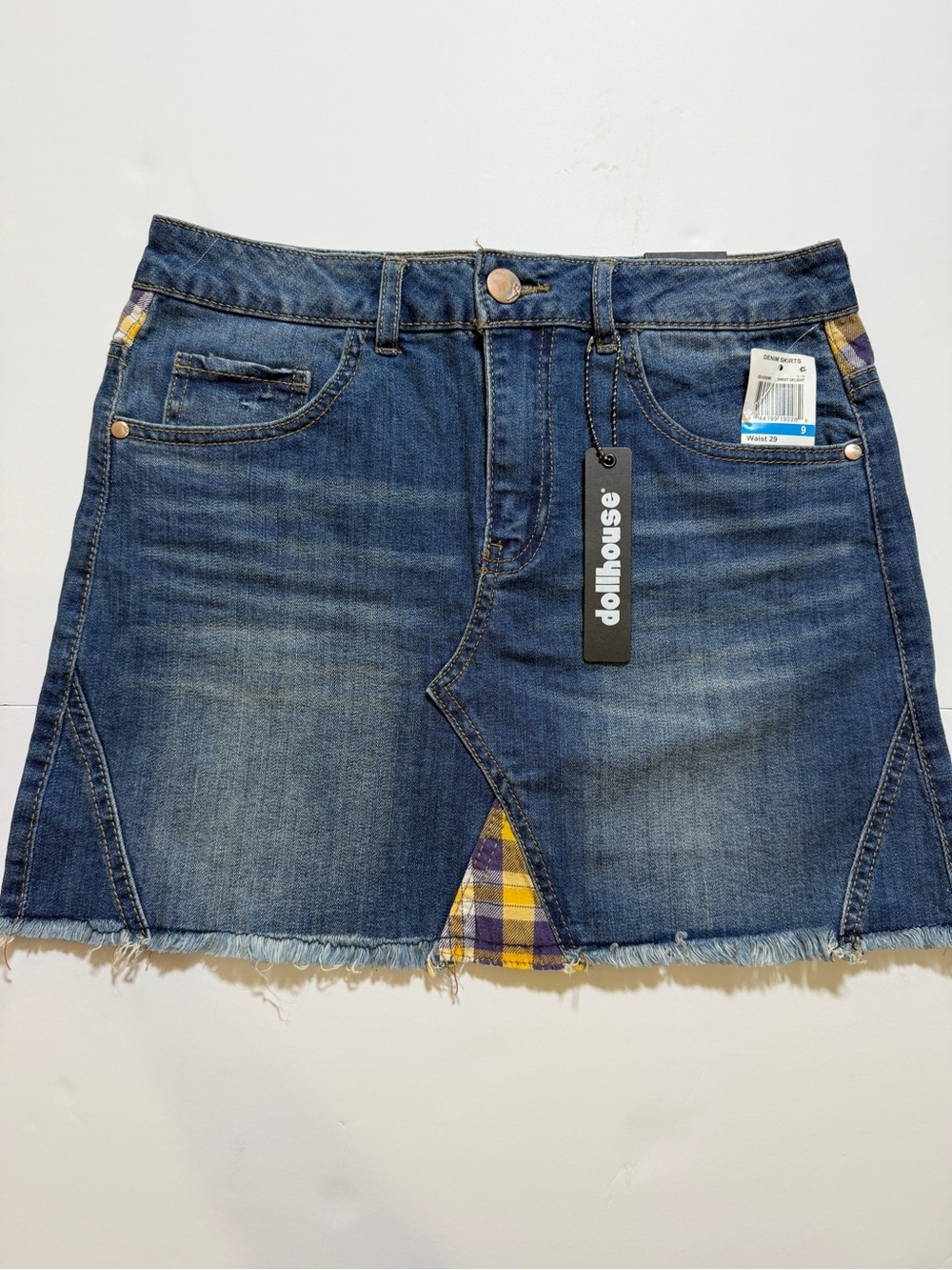 Vintage Dollhouse Denim Mini Skirt with Yellow Plaid Inset 29/9